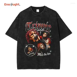 T-shirts pour hommes Trippie Chemise rouge Rappeur Chanteur Big 14 Vintage Washed Old School Style Tops Tees Hip Hop Manches courtes T-shirt surdimensionné Hommes