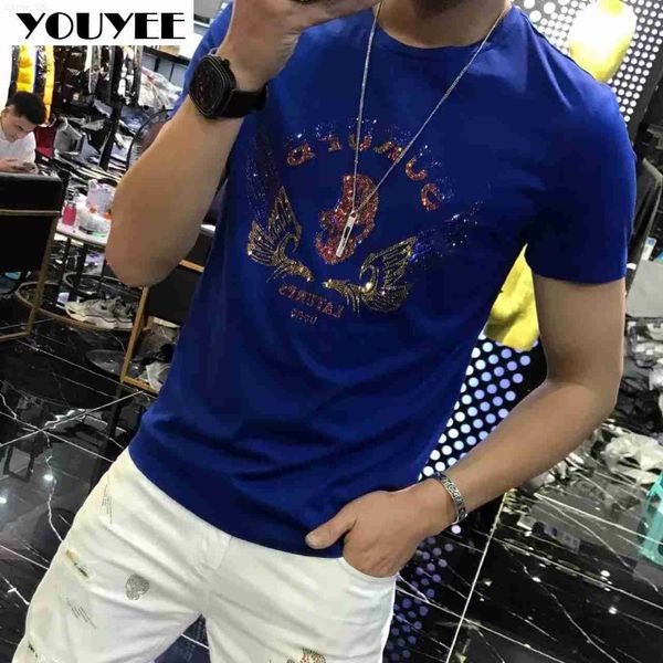 Camisetas para hombre, camiseta informal para hombre con letras alienígenas y diamantes de imitación 2021 YOUYEE, nueva tendencia de alta calidad, camisetas ajustadas de manga corta con cuello redondo, ropa superior para hombre Z0221