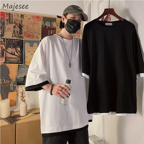 Camisetas de hombre Camisetas Hombre Manga tres cuartos Diseños de parches Fake Twopieces Harajuku Ins Ocio Suelto Hombre Top Street Wear Tees Ulzzang BF Z0522