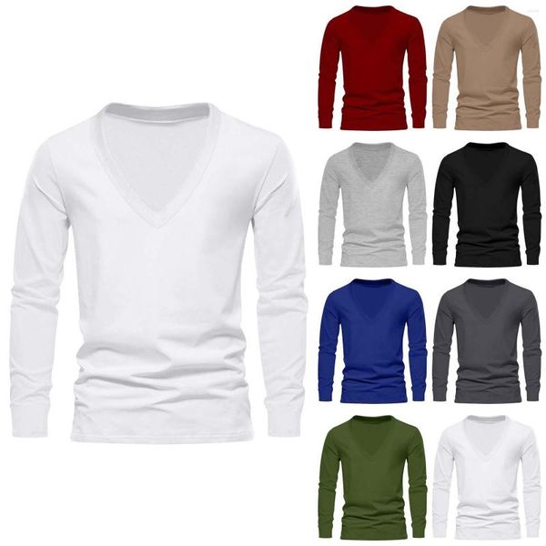 Camisetas para hombres Camiseta con cuello de tortuga Moda Primavera y verano Casual Manga larga V Camisa de manga de color sólido Hombres