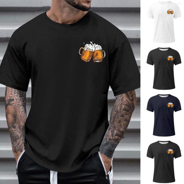 Camisetas para hombres Cuello alto Hombres Manga corta Camisa de cuello redondo Cerveza transpirable Dibujos animados Top Medio Algodón liso para