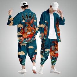 Men s t shirts tweedelig pak oversized xxs 6xl Japanese stijl mode kimono en broek set mannen Cardigan blouse Haori Obi Aziatische kleding 230411