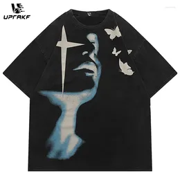 T-shirts pour hommes Uprakf Butterfly Shadow Graphic Print Chemise lavée Hommes Harajuku Gothic Fashion Tops Oversize Vintage Casual Tees
