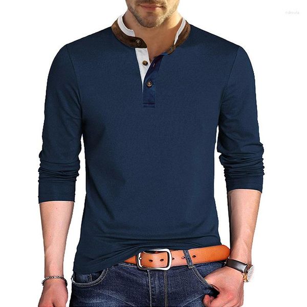 T-shirts pour hommes taille américaine S-XXL à manches longues hommes T-shirts en plein air décontracté contraste couleur col hauts T-shirts printemps automne Slim Fit hommes