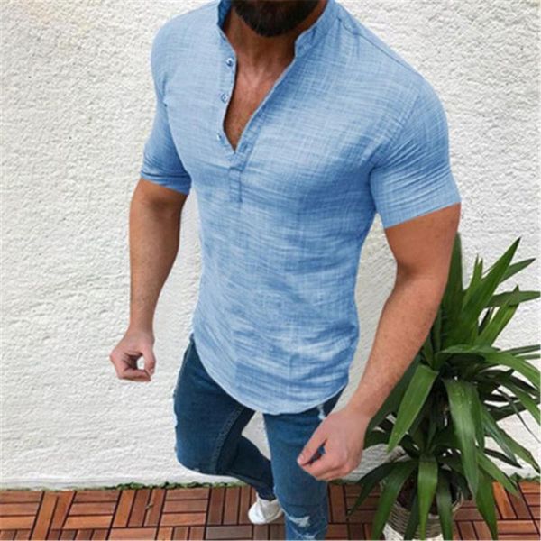 Camisetas de hombre con cuello en V de lino con cuello alto, camisa de manga corta con botones, verano, suelta, algodón, lino, transpirable, clásico