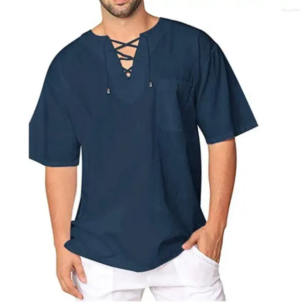 Camisetas para hombre, camisa con cuello en V, camiseta Vintage Linho fino corto de manga, Tops informales transpirables con cordones frontales, blusa de lino para hombre