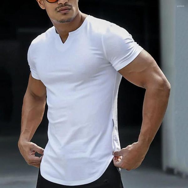T-shirts pour hommes col en v à manches courtes ourlet en Arc hommes T-shirt coupe 3D été pull haut couleur unie Simple T-shirt Streetwear
