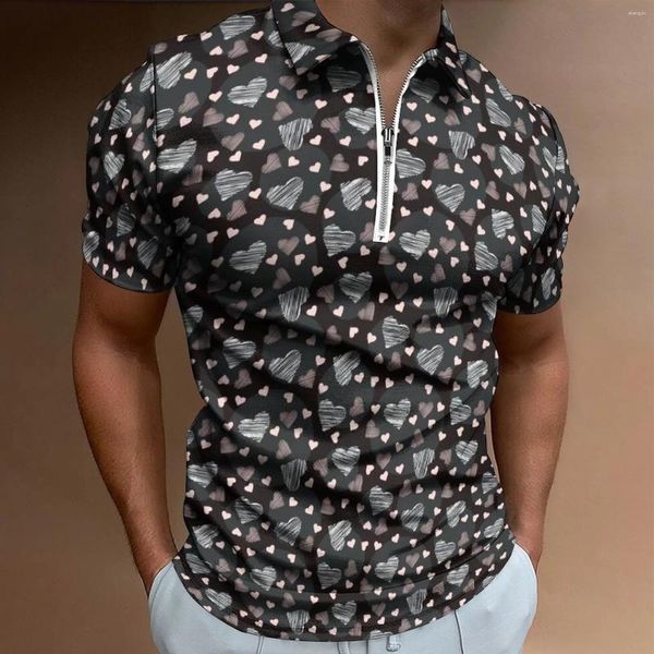 Camisetas para hombre Día de San Valentín Hombre San Valentín Moda Casual Impresión digital 3D Solapa Cremallera Regalo corto para amantes Pareja Ropa