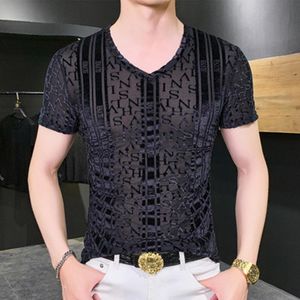 Camisetas de hombre Velvet Jacquard Hollow Camiseta con cuello en V Camiseta de manga corta para hombre Ropa de diseñador Trajes de club social Camiseta HommeMen's