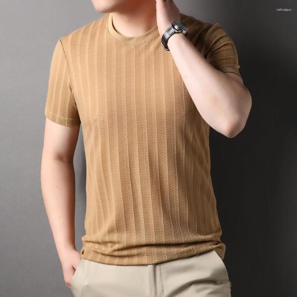 Camisetas para hombre, camiseta de manga corta con cuello redondo de Color puro a rayas verticales, camiseta de verano, camisetas casuales de moda para hombre R5032