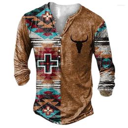 T-shirt da uomo Vintage 3d Henley Shirt Tee Graphic manica lunga con scollo a V in cotone con bottoni oversize da uomo Tshirt Pullover