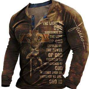 Camisetas para hombre Camisetas de manga larga con estampado 3D vintage Camiseta de algodón para hombre Camiseta con estampado de león de Jesús Ropa de gran tamaño O-cuello Camisa con botones informales 230302