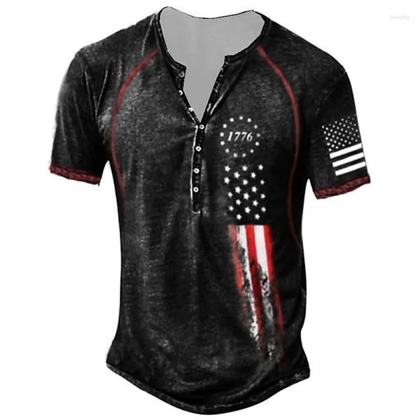 Camisetas para hombre, camiseta Vintage con bandera americana, Henley gótica de manga corta para hombre, camiseta de gran tamaño para hombre, ropa informal con cuello en V y botones Punk 5xl