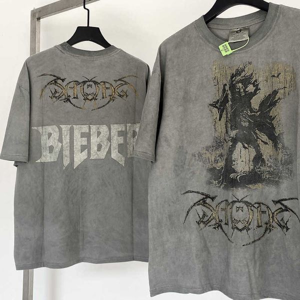 Camisetas para hombre Vintage Bieber Tour Rock Evil manga corta VTG lavada Old American High Street camiseta de marca de moda para hombres