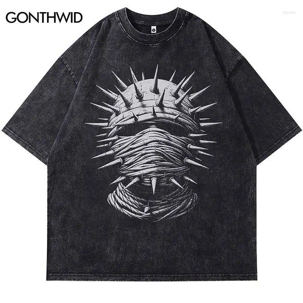 Camisetas para hombres Camiseta negra vintage Máscara de cadena Estampado gráfico Punk Gótico Camiseta lavada Streetwear Hombres Hip Hop Algodón suelto 2024 Harajuku