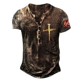 T-shirts voor heren vintage knop V-hals afdrukken Korte mouw Gothic Punk voor oversized ops ee streetwear 230111