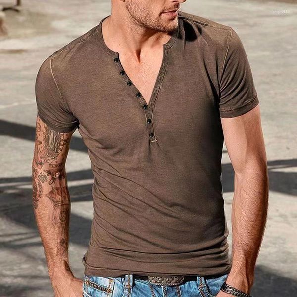 T-shirts pour hommes Vintage Boutonné Col V Pull Tops Hommes Printemps Eté Manches Courtes Casual Chemise Solide Vêtements Loisirs Simple Tee 2024