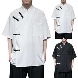 Heren T-shirts Vintage Kraag Pure Ice Silk Medium Sleeved Shirt Men'S Tang Style Plate Buckle Casual Hanfu Cotton Workout Short