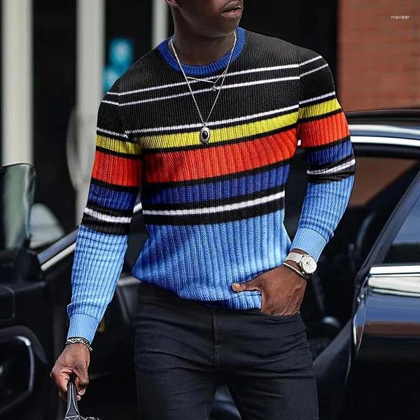 T-shirts pour hommes Vintage Coloré Rayé Mens Gaufre À Manches Longues O Cou Lâche Casual Tops Streetwear Vêtements Hommes Mode Pull Tees