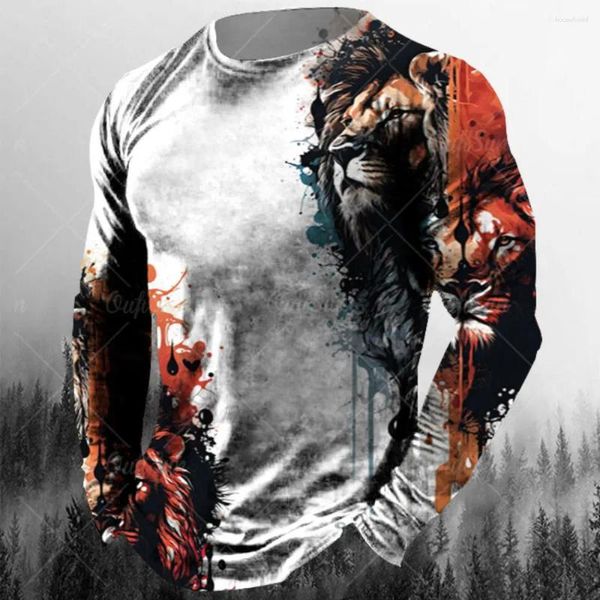 Camisetas para hombres Camisa de algodón vintage para hombre Ropa de otoño Ropa gráfica de león Ropa de calle Tops de manga larga de gran tamaño Camisetas masculinas