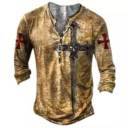 T-shirts voor heren Vintage Cotton Men's T-shirts 3D Gedrukte Knight Gothic Long Sleeve Casual Henley Shirt Oversized Top T-shirt Man Punk Pullover 230302
