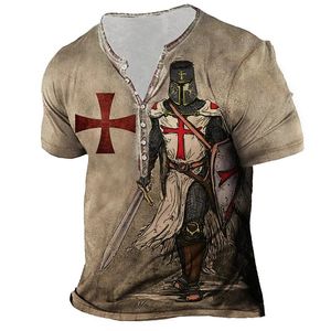 Herren-T-Shirts, Vintage-Baumwoll-T-Shirt für Männer, 3D-Druck, Ritter-Henley-Shirt, V-Ausschnitt, kurze Ärmel, übergroße Tops, T-Shirt, Herrenbekleidung, Streetwear, 230302