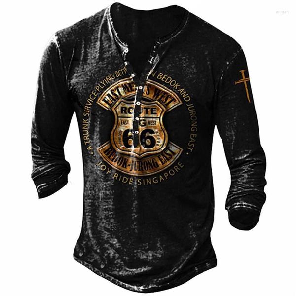 T-shirts pour hommes T-shirts en coton vintage imprimés en 3D 66 Route Hauts à manches longues Chemise Henley gothique pour hommes Vêtements surdimensionnés Punk Streetwear