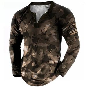 T-shirts pour hommes T-shirts en coton vintage pour hommes Automne Tshirt Graphique Camouflage 3D Impression surdimensionnée à manches longues Streetwear Tops Henley