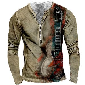 T-shirts pour hommes T-shirts en coton vintage Chemise pour hommes Guitare Imprimé graphique Hauts à manches longues 5XL Bouton Col en V T-shirt surdimensionné pour Shir 230303