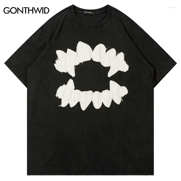 T-shirts masculins vintage broderie patch tshirt tshirt streetwear hip hop punk gothique t-shirt lavé noir 2024 harajuku