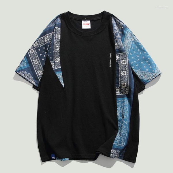 Camisetas para hombres Estilo étnico vintage Hombres Harajuku Patrón Estampado Patchwork Camisetas Verano Hip Hop Algodón Casual Suelto O-Cuello Camiseta Unisex