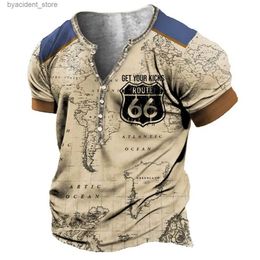 T-shirts hommes Vintage Henley Shirt V-Col V-Col American 66 Route T-shirt à manches courtes T-shirt pour hommes Tops surdimensionnés T-shirt Hommes Punk Streetwear L240304