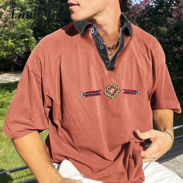 T-shirts pour hommes Vintage vacances hommes chemise décontractée mode contraste couleur impression ample Polo été à manches courtes tout match hauts pull
