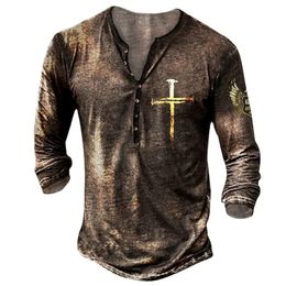 Men's t-shirts vintage Jezus Christus V-hals Henley 3d Crucifix Long Sleeve T voor mannen oversized tops tee man punk streetwear 230131