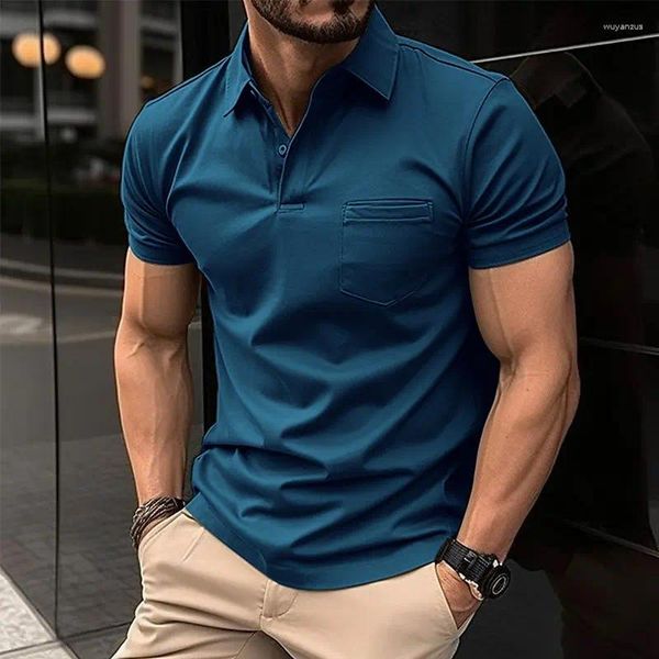 Camisetas para hombre, Polo Vintage, pantalón corto informal, Tops de manga de Color puro, blusa, ropa de verano, camisetas de gran tamaño con bolsillo transpirable