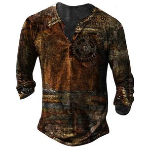 T-shirts pour hommes T-shirt à manches longues en coton à imprimé vintage pour hommes Haut à col en V Chemise graphique Automne Casual Vêtements surdimensionnés Bouton Ancre de bateau T-shirt 230222