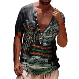 T-shirts voor heren Vintage Print Henry Cotton V-Neck Pullover Short Sleeve Street Oversized Tops Collarless Tee Summer Clothing 230217
