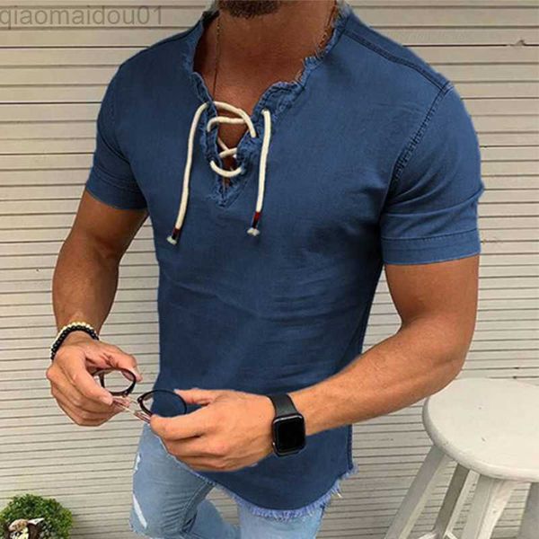 Camisetas de hombre Vintage Ripped V Neck Drawstring Pure Color T Shirt Hombres Casual Loose manga corta Tie-up Pullover 2023 Primavera Verano Hombres Ropa L230713