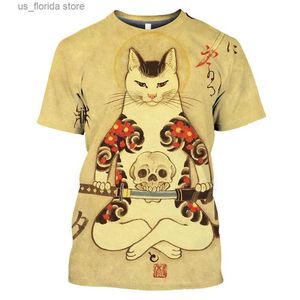 T-shirts voor heren Vintage Samurai Cat Heren T-shirt Zomer O-hals Herenkleding Tops Unisex 3D Print Oversized Korte Slve Pullover Cool Ts Y240315