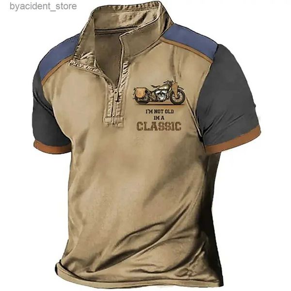 Camisetas para hombres Vintage manga corta para hombre Polos Motocycle Impresión 3D Solapa Cremallera Hombre Top de alta calidad Camisa masculina de gran tamaño Ropa casual L240304