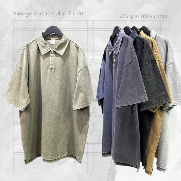 Camisetas para hombre Camiseta vintage con cuello extendido Ranuras laterales Camiseta raglán de ajuste relajado Tops de algodón de 275 g/m²