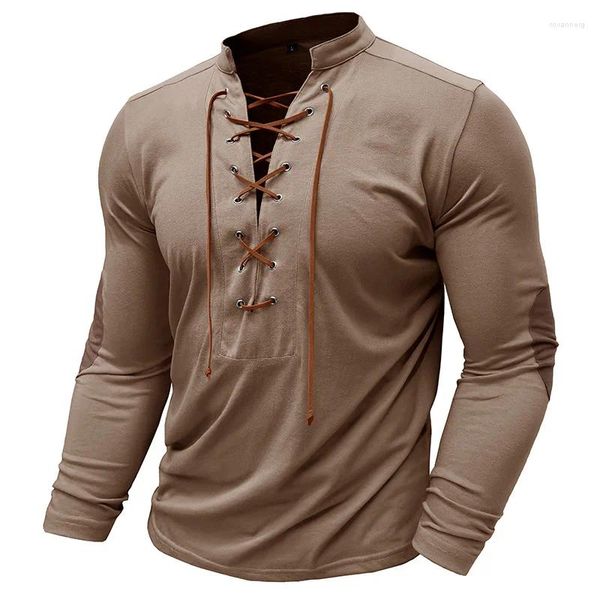 T-shirts pour hommes Vintage col montant chemise à cordon hommes décontracté à manches longues patchwork à lacets haut automne vêtements pour hommes mode t-shirts en vrac