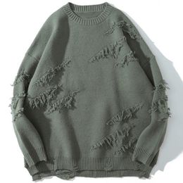 Camisetas de hombre Suéter vintage Hip Hop Harajuku Ropa de hombre Suéteres de calle Suéter de gran tamaño Rasgado Color puro Agujero Lana Prendas de punto Tops 230225