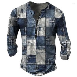 T-shirts pour hommes T-shirt vintage T-shirt en coton imitation Tees ligne géométrique 3D imprimé à manches longues Henley Shirt Top Oversize Hommes Vêtements Pull