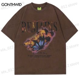 T-shirts pour hommes Vintage T-shirt Streetwear Hip Hop Flamme Papillon Imprimer Lavé Tee Shirts 2023 Harajuku Mode Casual Coton Lâche Tshirt Tops T230512