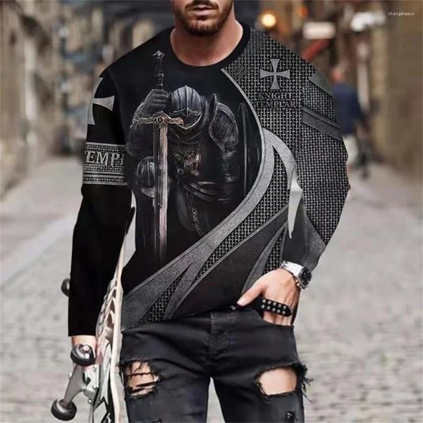 T-shirts pour hommes Vintage T-shirt Templar imprimé à manches longues Tops O-cou coton hommes vêtements surdimensionnés décontracté streetwear automne t-shirts noirs