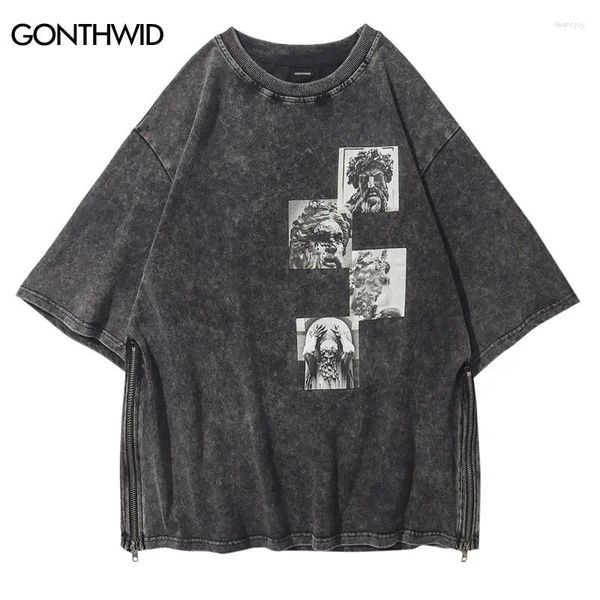 T-shirts masculins vintage Tshirt Retro Statues Côté Côté Zipper T-shirt T-shirt Streetwear Hip Hop Punk 2024 HARAJUKU COTTON TOPS TOETS