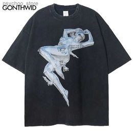 T-shirts pour hommes Vintage Tshirt Streetwear Y2K Hip Hop Rétro Robot Graphique Imprimé T-shirt Lavé Harajuku Punk Gothique Lâche Été Mode Tops Q240130