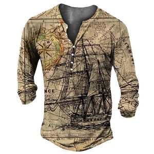 T-shirts pour hommes Vintage col en V Henley Navigation 3d gothique à manches longues T pour hommes 5xl hauts surdimensionnés Tee Man Punk Streetwear 230130