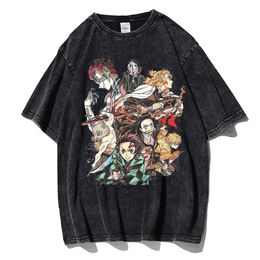 Heren T-shirts Vintage Wash Heren T-shirt Anime Demon Killer Kamado Tanjirou Bedrukt T-shirt 100% Katoen Casual Shirt Top Y2K Kleding 230711